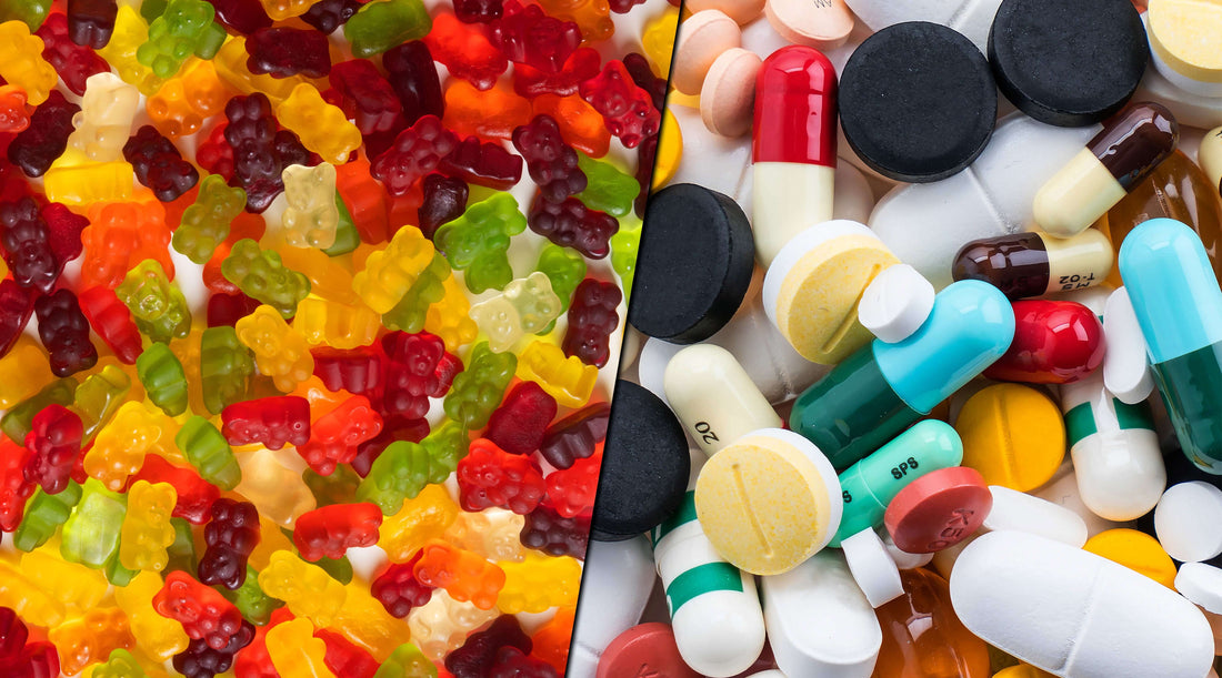 A visual representation of pills and gummy combined, symbolizing the effectiveness comparison between adult Vitamin C gummies and pill