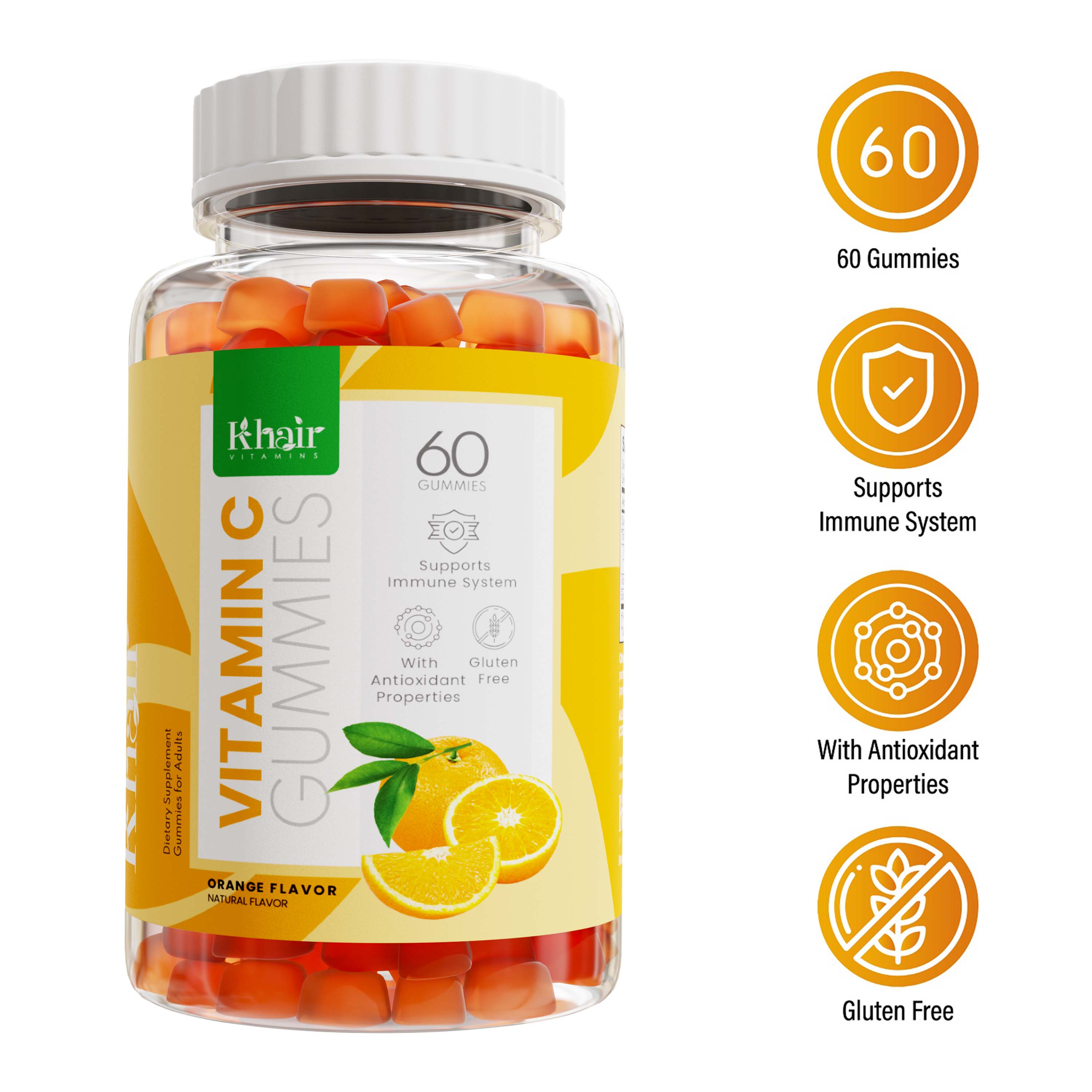 A bottle of Khair Vitamin C Gummies, with the label emphasizing 