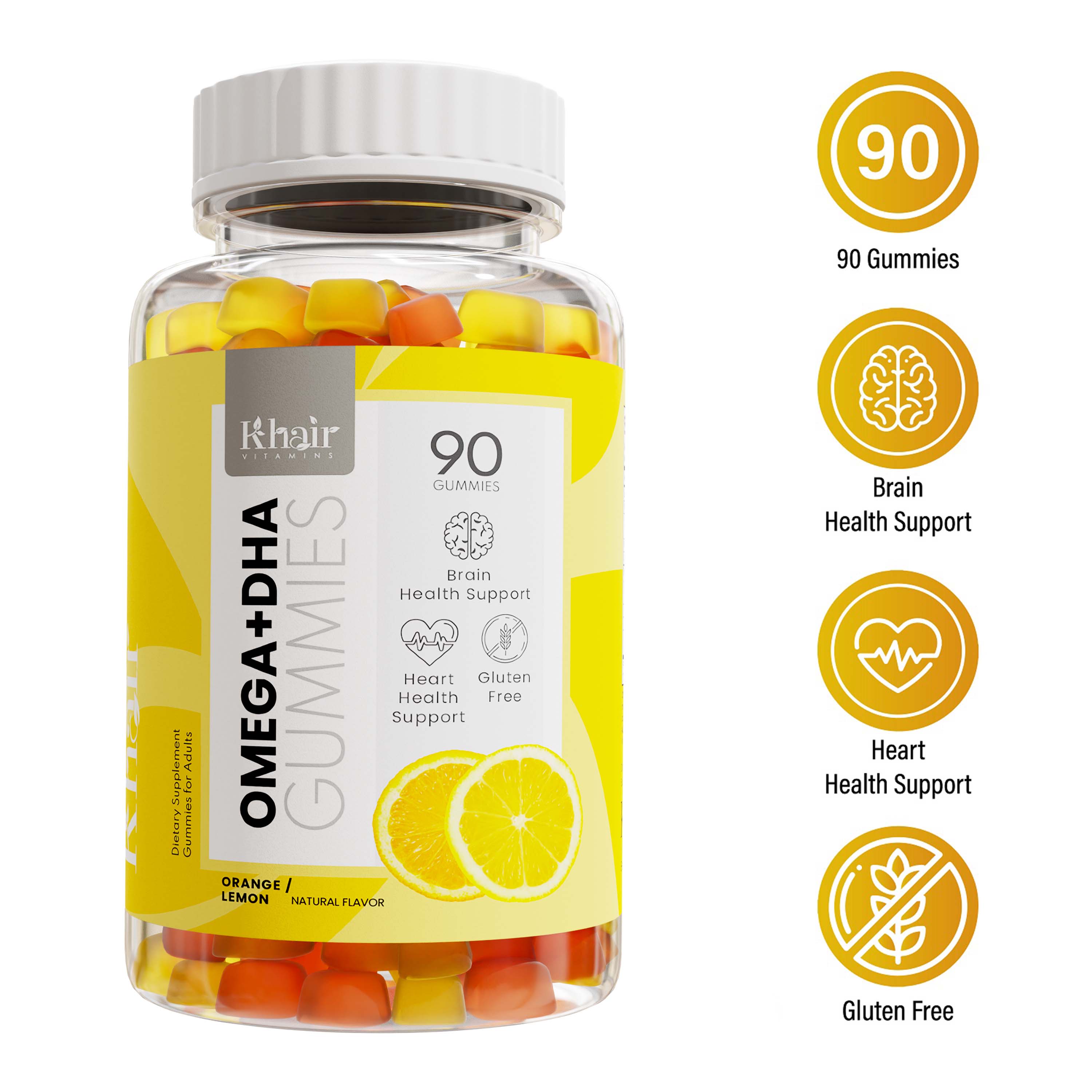 A bottle of Khair Omega + DHA Gummies featuring 90 gummies for brain and heart health support, labeled as gluten-free, in orange and lemon natural flavors.