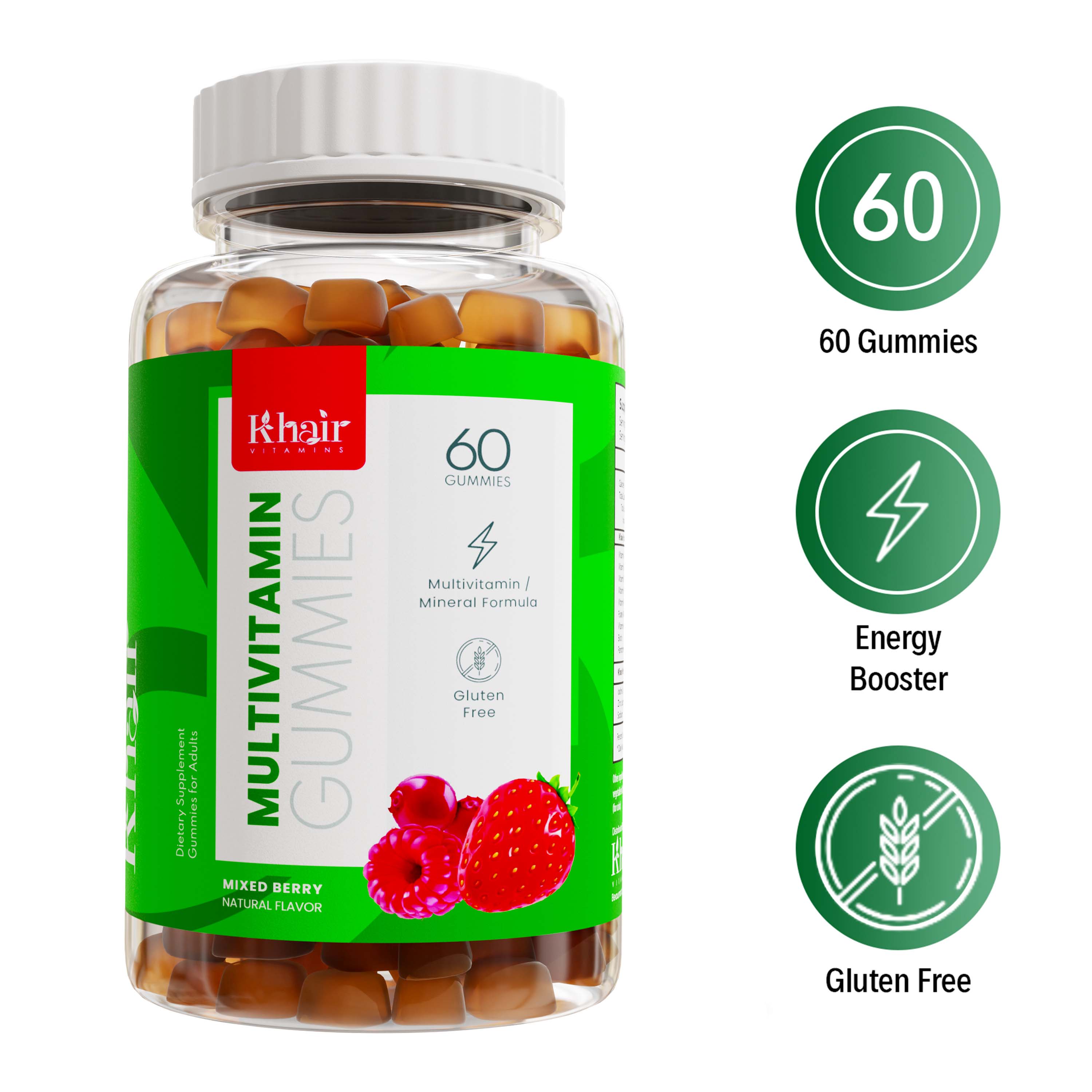 A bottle of Khair Multivitamin Gummies indicating a quantity of 60 gummies, with benefits highlighted as an Energy Booster and Gluten Free, in mixed berry natural flavor.