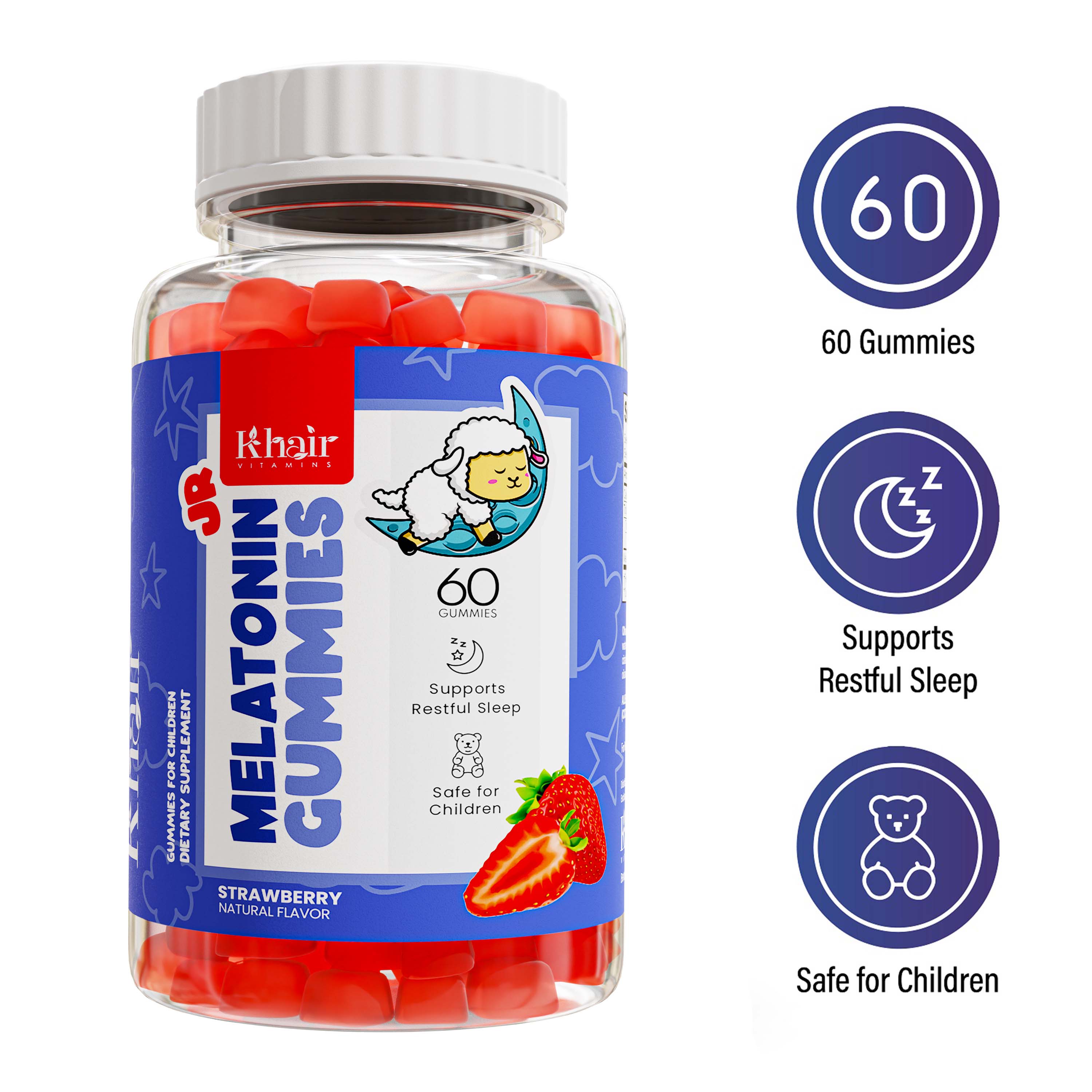 A bottle of Khair Super JR Gummies for kids, featuring 60 multivitamin gummies in cherry, strawberry, and orange flavors, labeled as nutrient-rich and gluten-free.