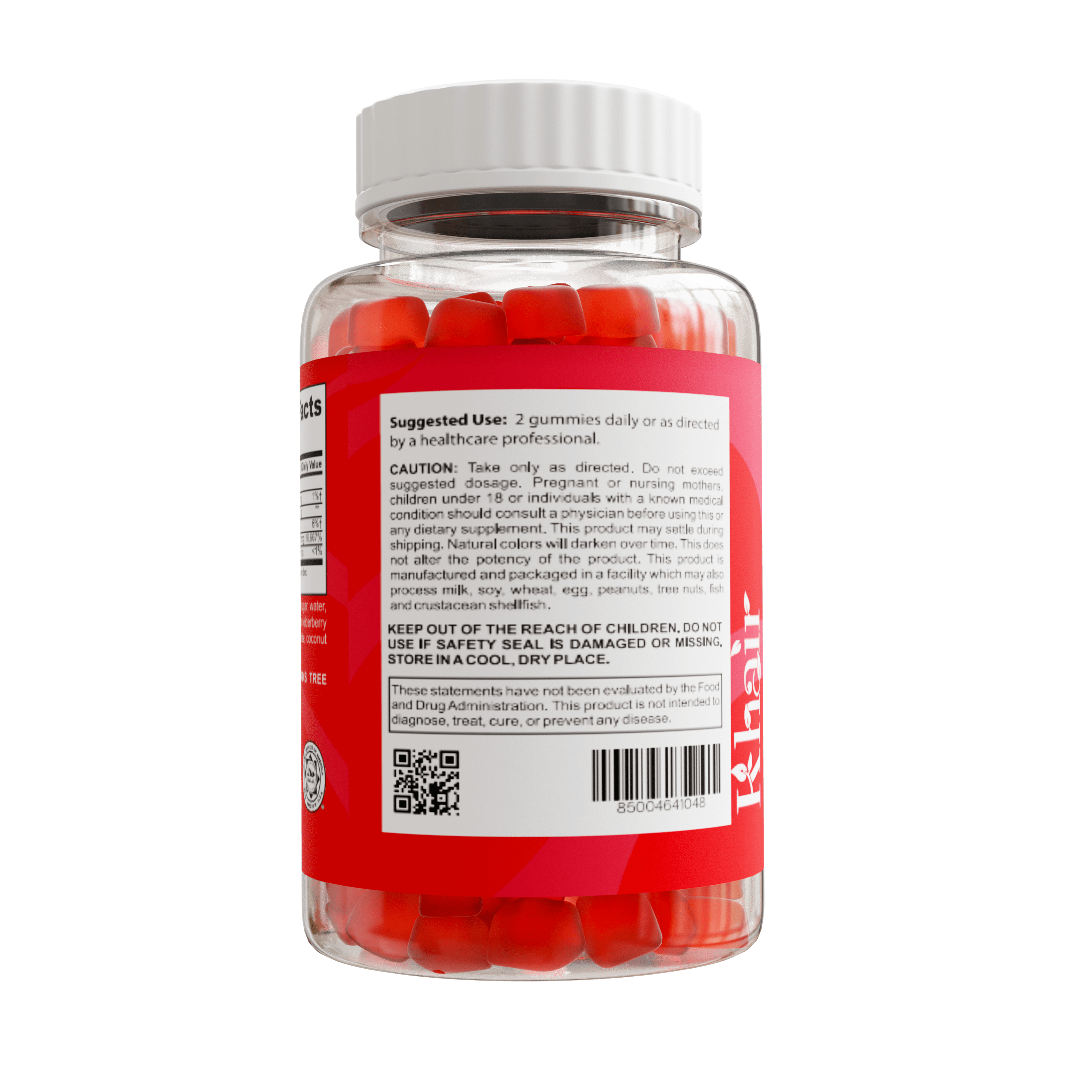 Biotin gummies: Supplementary facts in a jar of red pills on a white background.