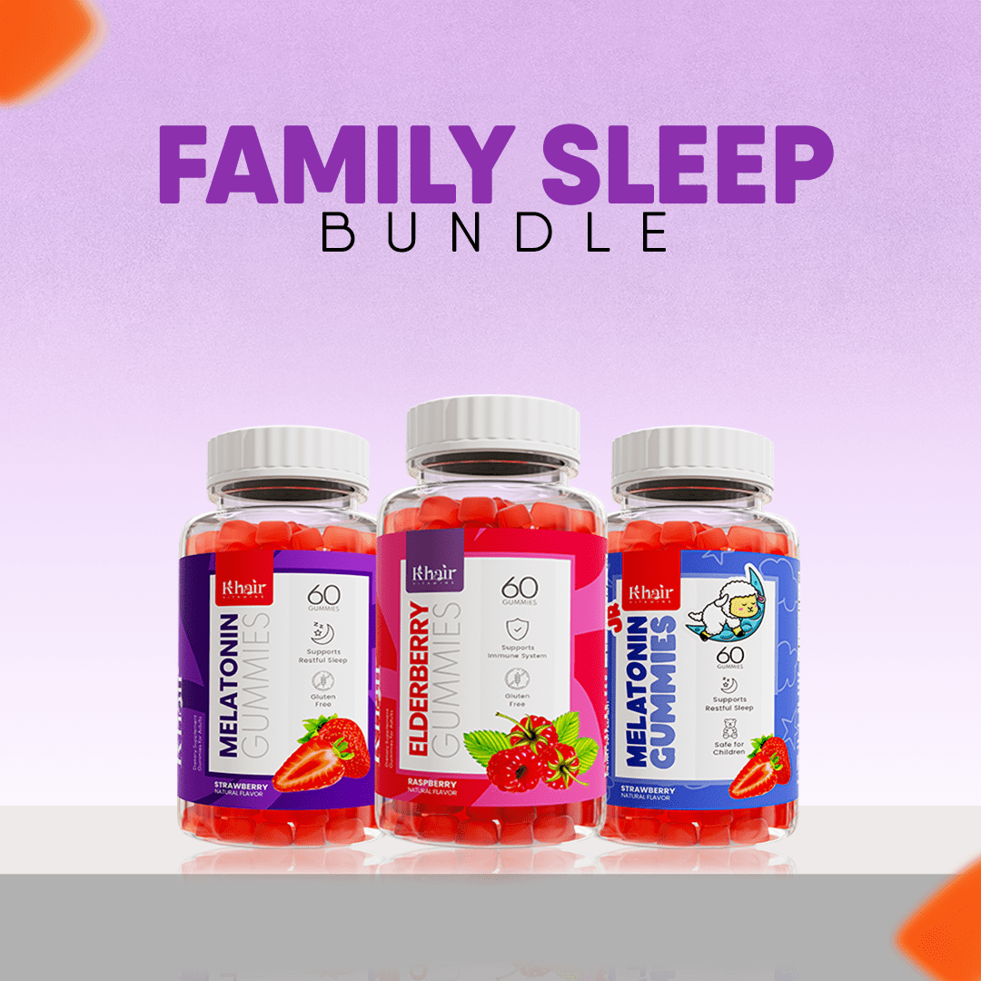 A cozy family sleep bundle featuring Melatonin Gummies for kids and adults