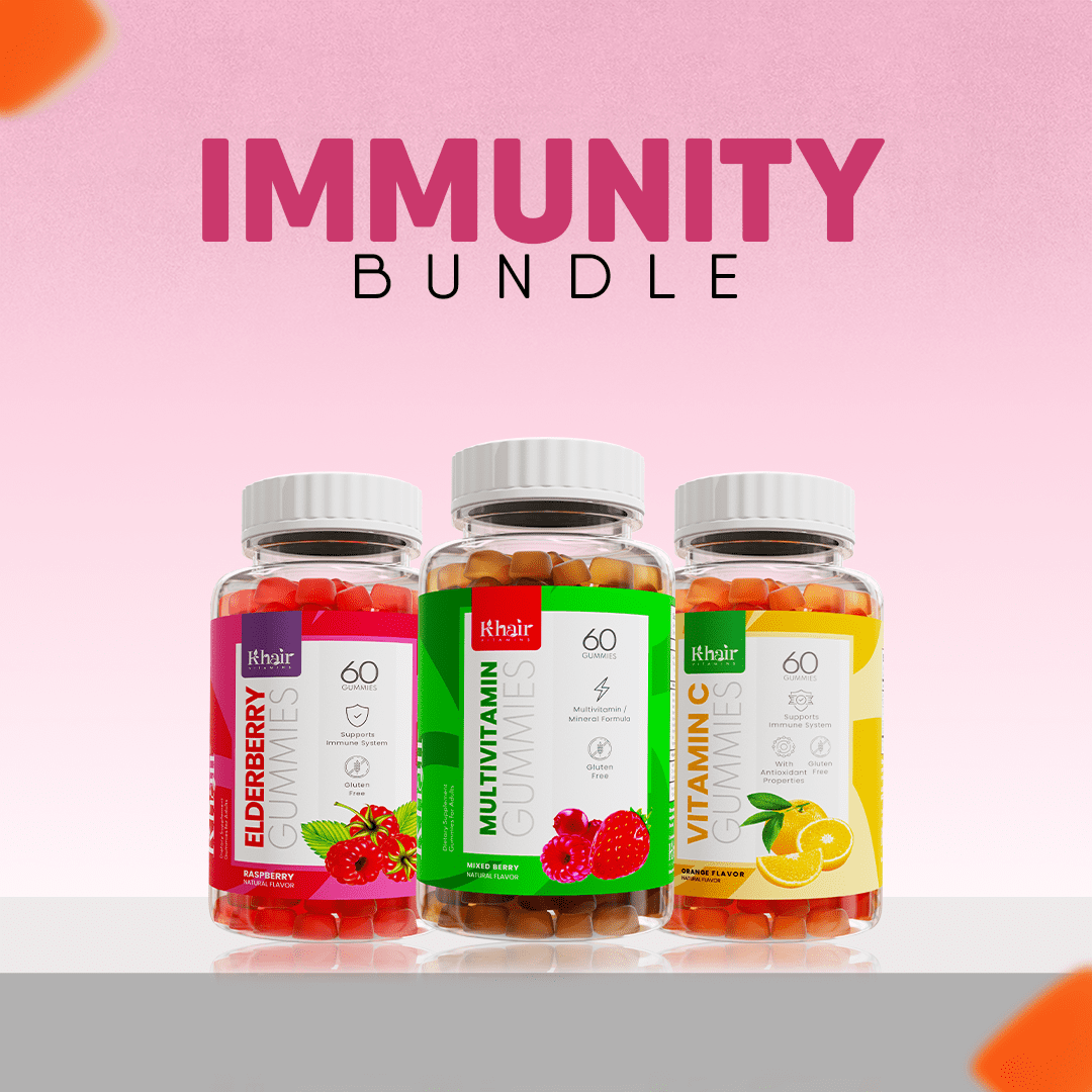 Three bottles of 'Khair' gummies labeled Elderberry, Multivitamin, and Vitamin C in a row against a pink and grey background, with the text 'IMMUNITY BUNDLE' above
