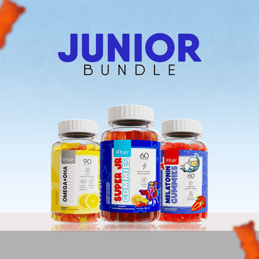 Three bottles of Khair Vitamins for children, including Omega + DHA, Super C, and Melatonin gummies, presented as the "JUNIOR BUNDLE" against a sky-blue background.
