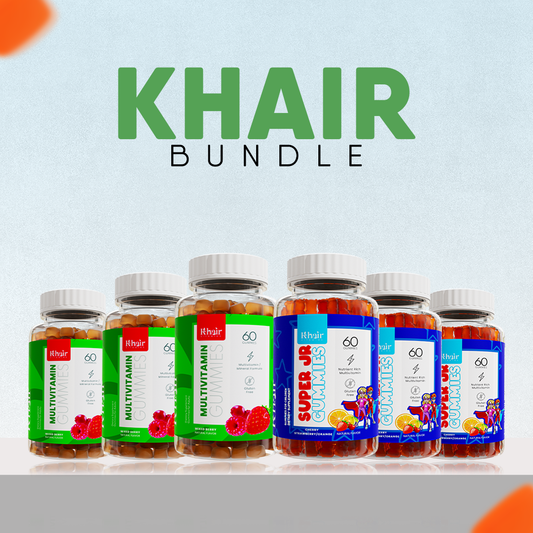 A collection of Khair Vitamins gummy bottles including multivitamins and Super Jr gummies, labeled "KHAIR BUNDLE" against a textured grey background with a green accent.