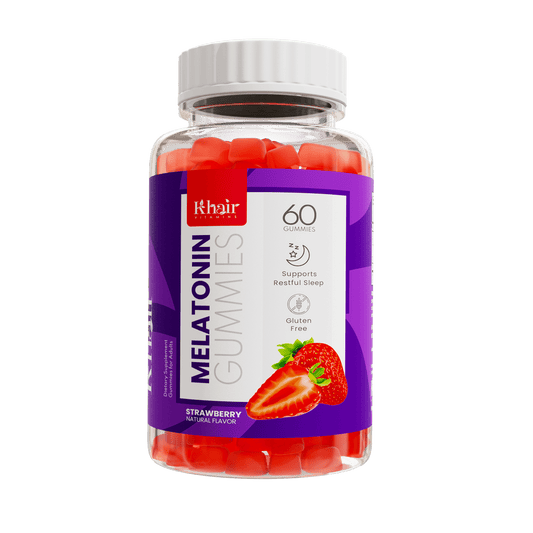 A bottle of Khair Melatonin Gummies for Adults with a purple label, indicating 60 strawberry-flavored gummies that support restful sleep and are gluten-free.