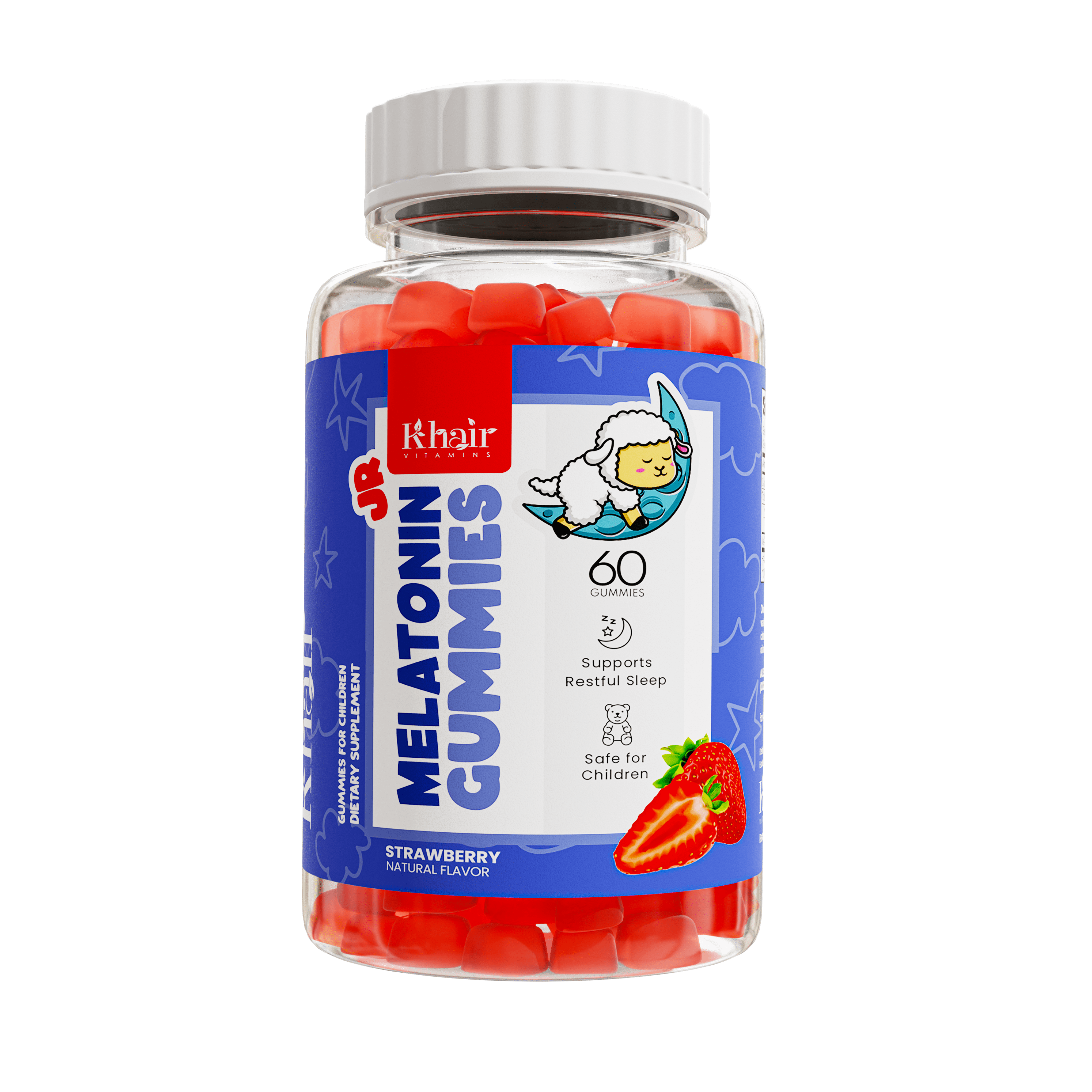 A bottle of Khair Super JR Gummies for kids, featuring multivitamins in cherry, strawberry, and orange flavors, labeled as gluten-free with a quantity of 60 gummies.