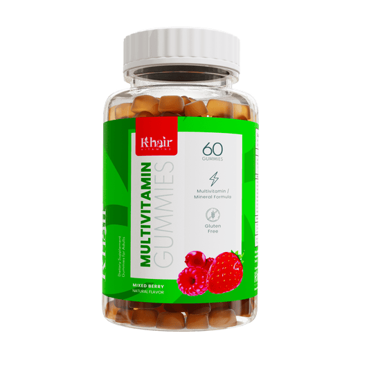 A bottle of Khair Multivitamin Gummies with a green label, containing 60 gummies in a mixed berry flavor, marked as a multivitamin/mineral formula that is gluten-free.
