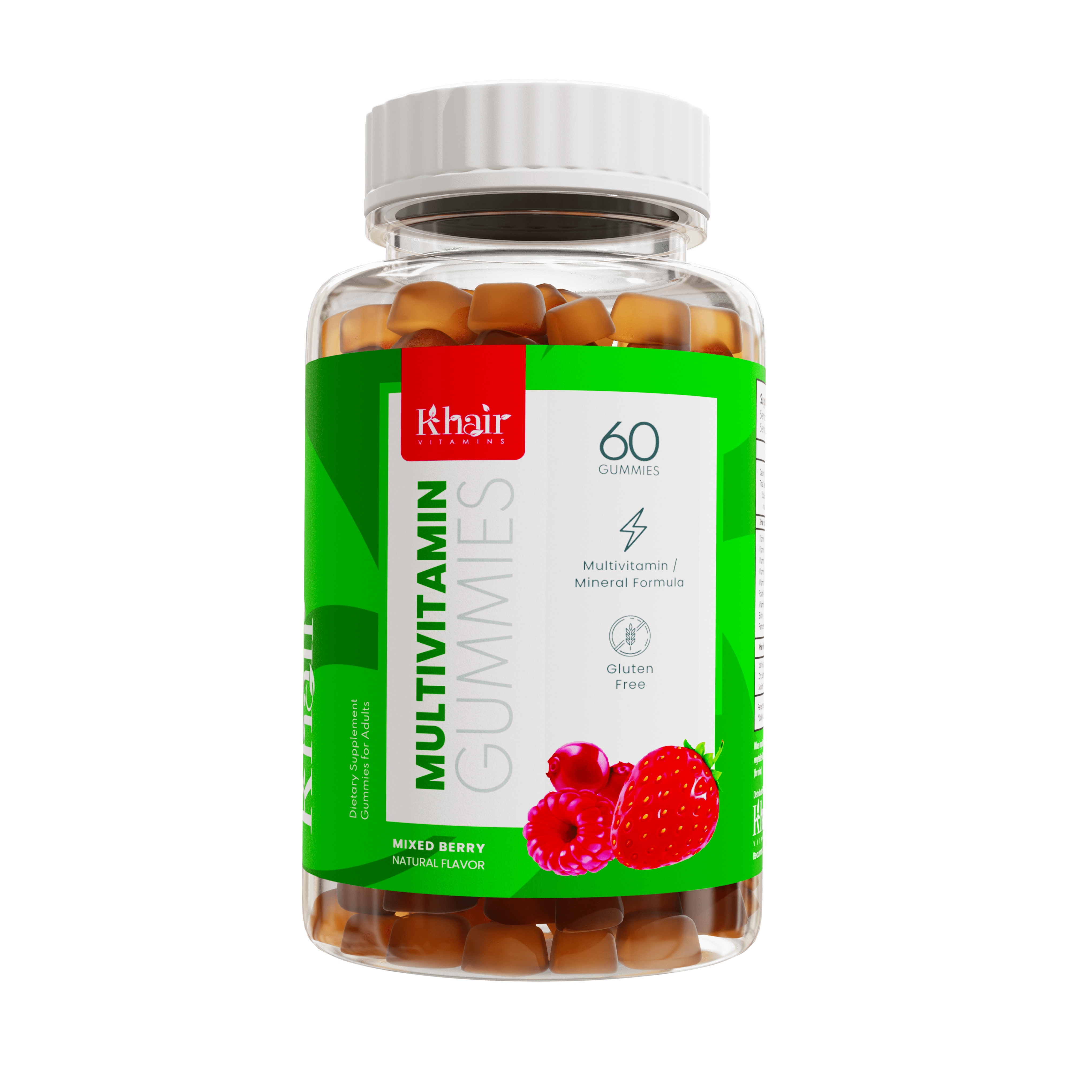 A bottle of 'Khair' multivitamin gummies with a green label, showing 60 brown gummy supplements and images of red berries