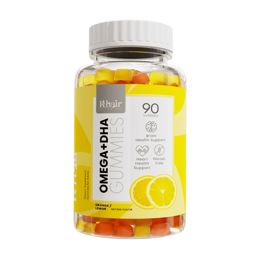 A bottle of Khair Omega + DHA Gummies with a yellow label, containing 90 gummies, with benefits for brain and heart health support, indicated to be gluten-free, in orange and lemon natural flavors.