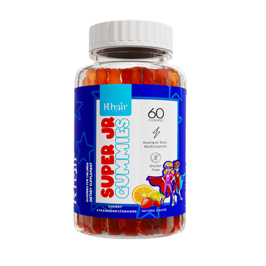 A bottle of Khair Super JR Gummies for kids, containing 60 nutrient-rich multivitamin gummies in cherry, strawberry, and orange flavors, marked as gluten-free.