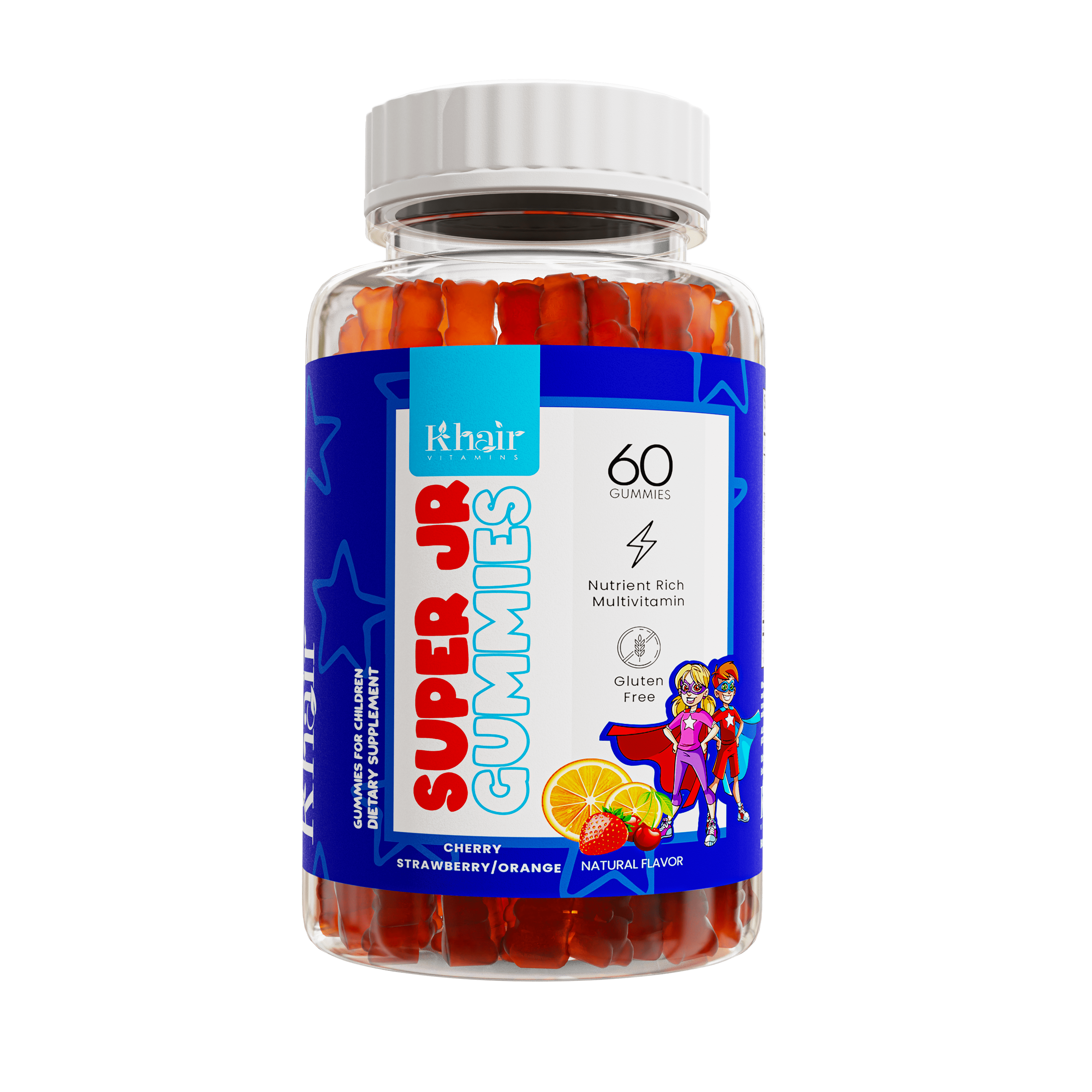  Super Jr Chews: 60 chewable tablets - a bottle of multivitamin gummies for kids designed to support their overall health.