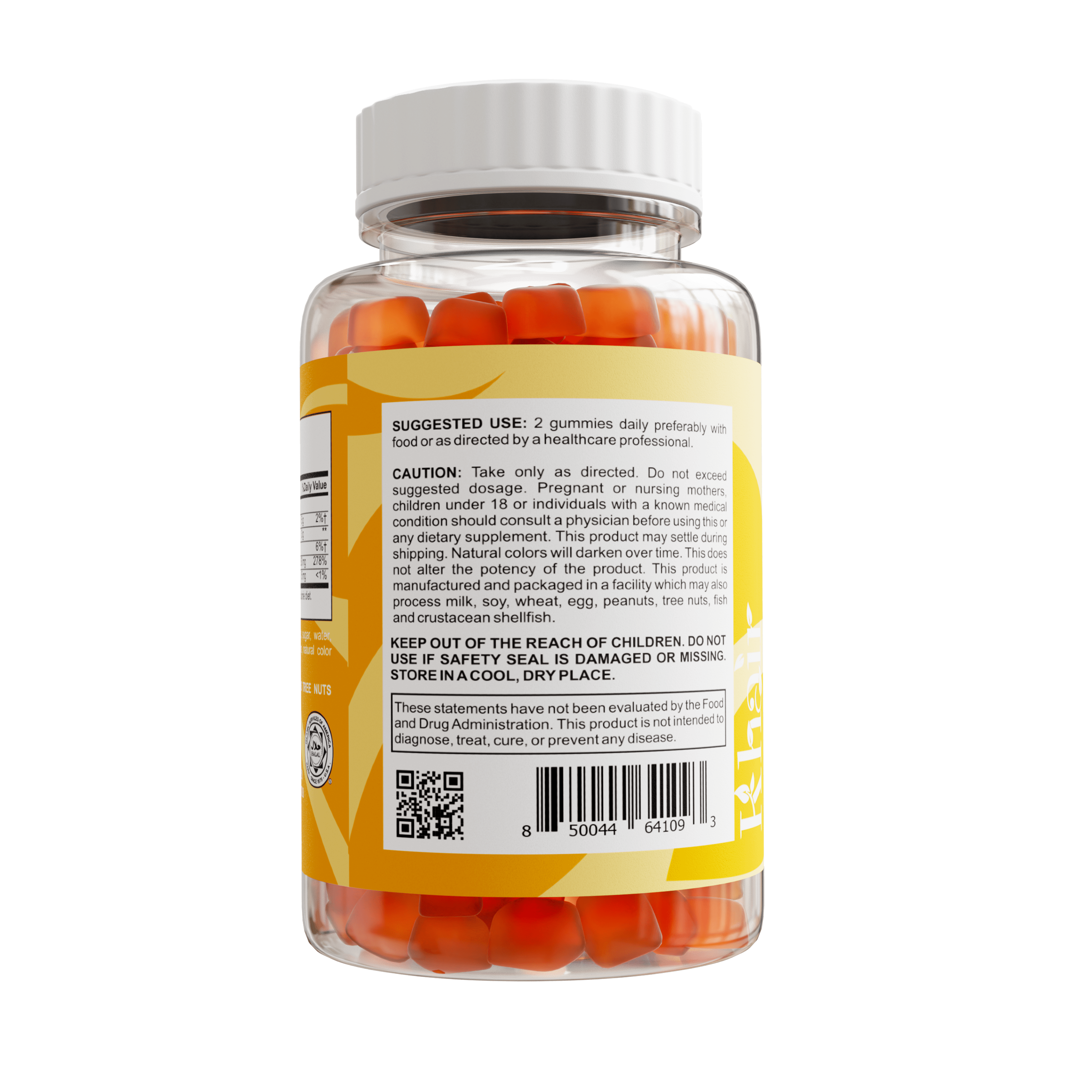 The back label of a bottle of vitamin C gummies with usage instructions, cautionary statements, allergen information, and a reminder to store in a cool, dry place, including a barcode at the bottom.