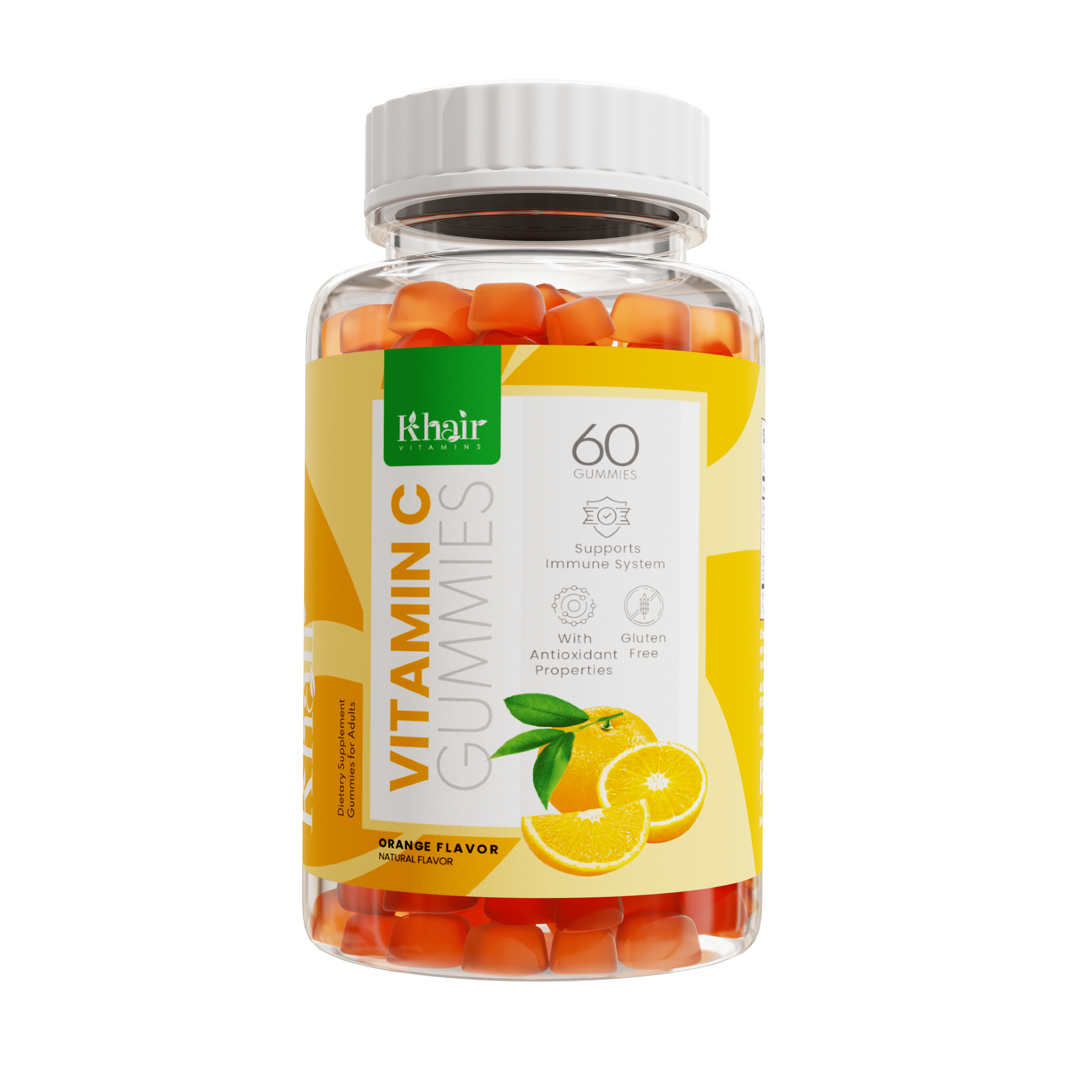 Bottle of 'Khair' Vitamin C gummies with an orange label, 60 pieces, orange flavor. Label includes benefits like immune system support and antioxidant properties, and notes the product is gluten-free