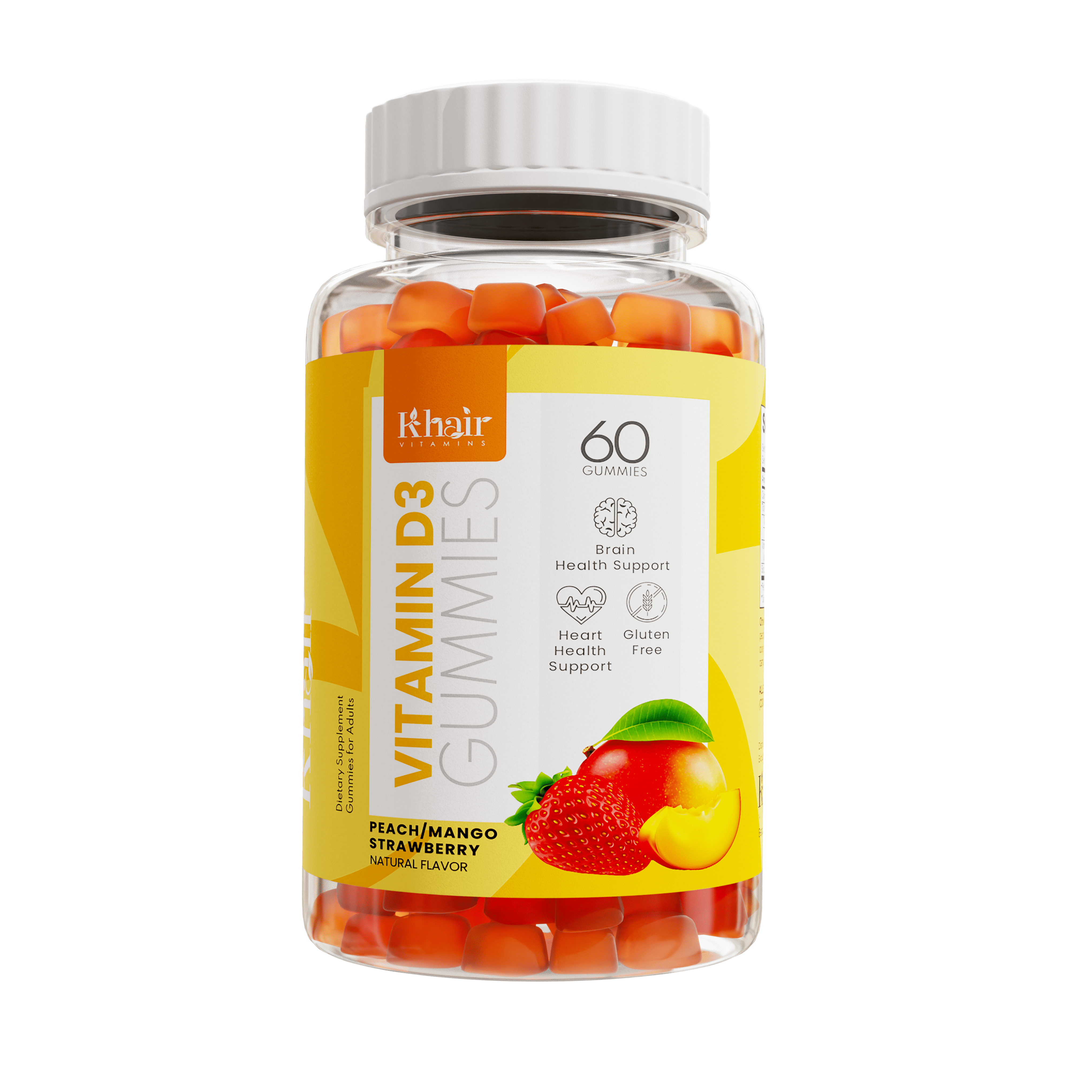 A container of Khair Vitamin D3 Gummies featuring 60 gummies for supporting cognitive and cardiac health, gluten-free, and offered in a combination of peach, mango, and strawberry natural flavors, all wrapped with a vibrant yellow label.